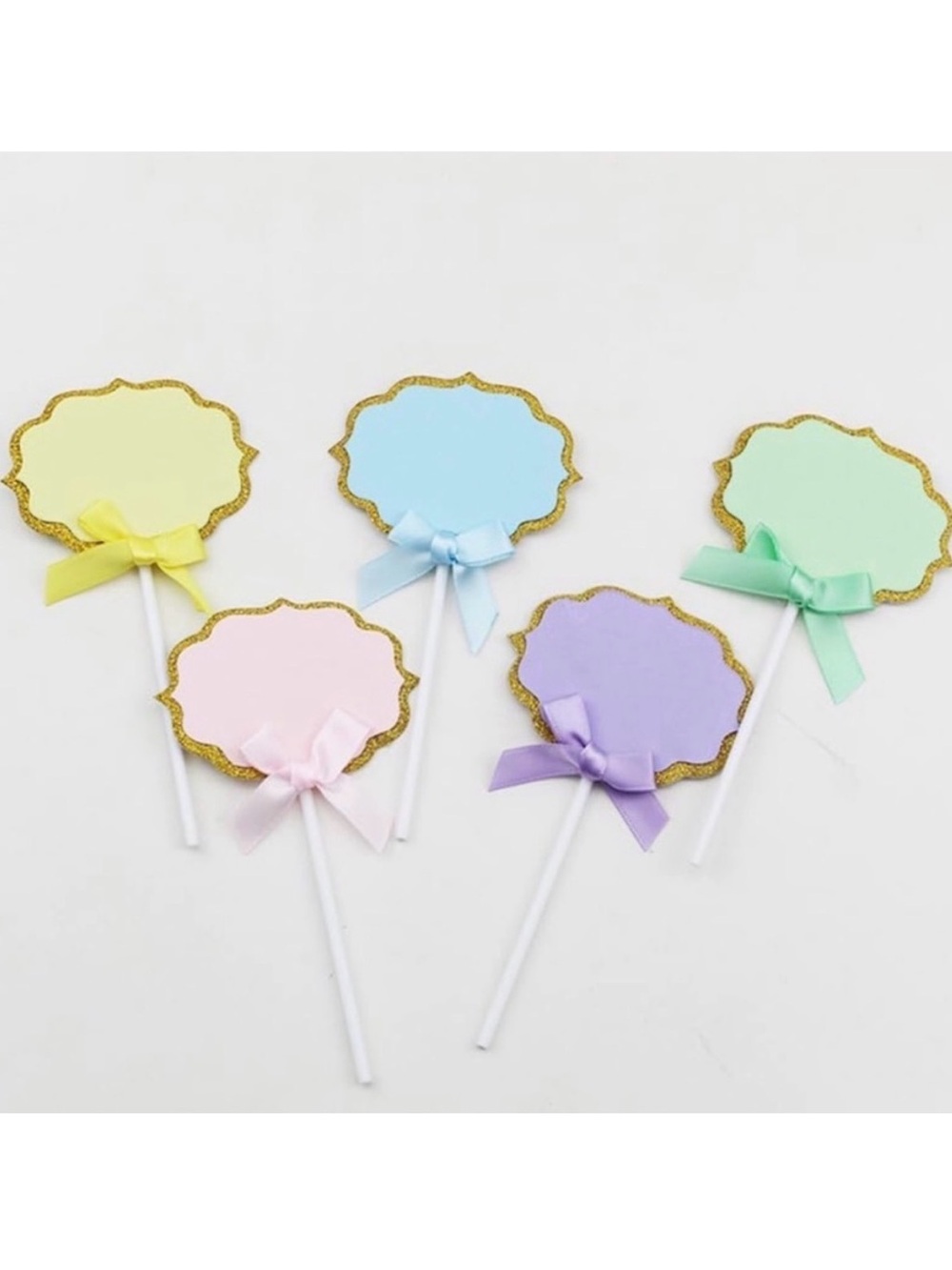 💞 New Pack of 10 Pastel & Gold Glitter Buffet Food Label Cupcake Toppers